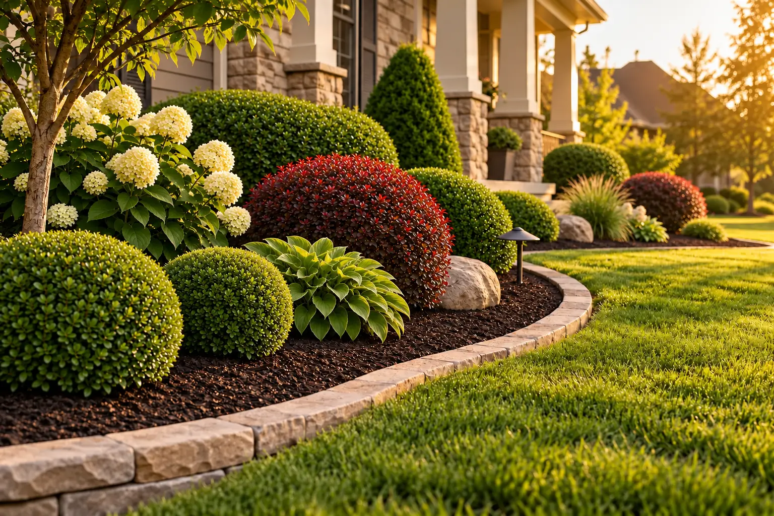 A finished landscape with fresh mulch and stone edging