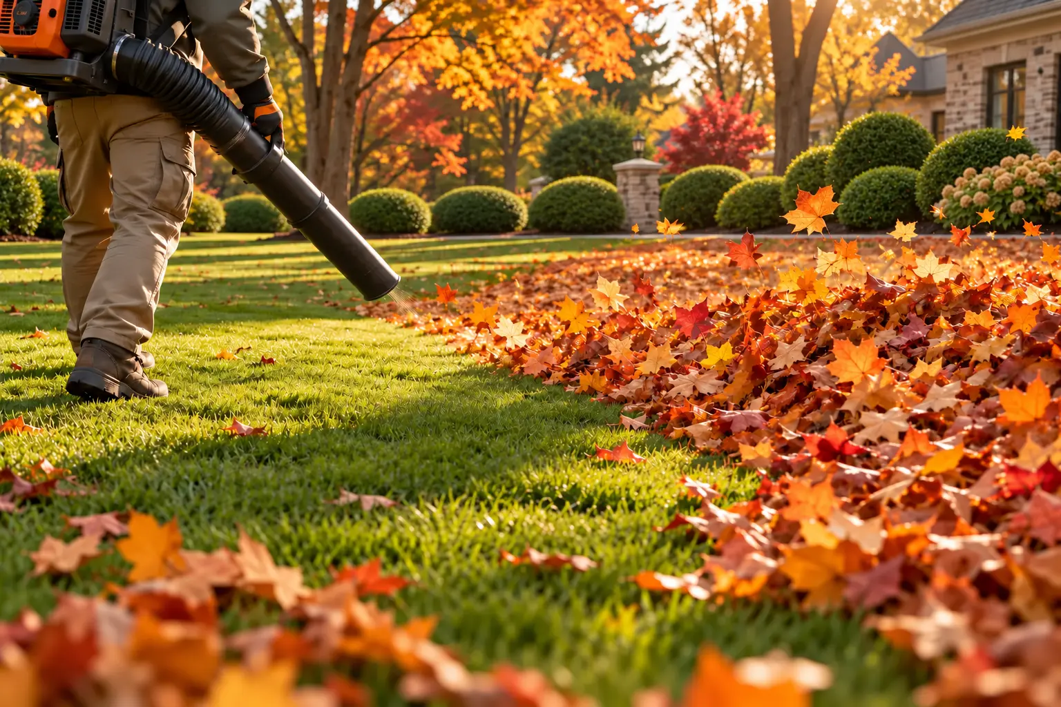 Autumn leaves being cleared from a lawn