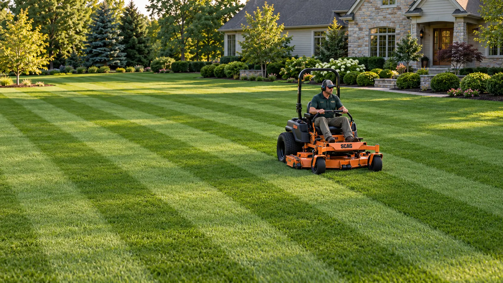 A man on a Scag Turf Tiger mowing an expansive lawn with straight, evenly spaced mower-deck-width stripes and neatly trimmed landscaping