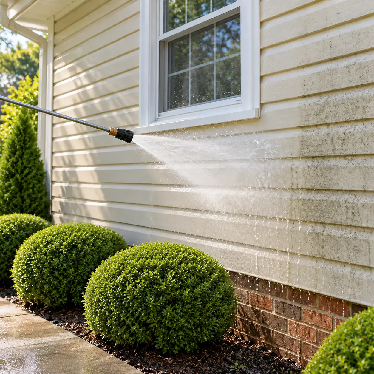 A pressure washer wand cleaning house siding above freshly and evenly trimmed rounded shrubs, with no person visible