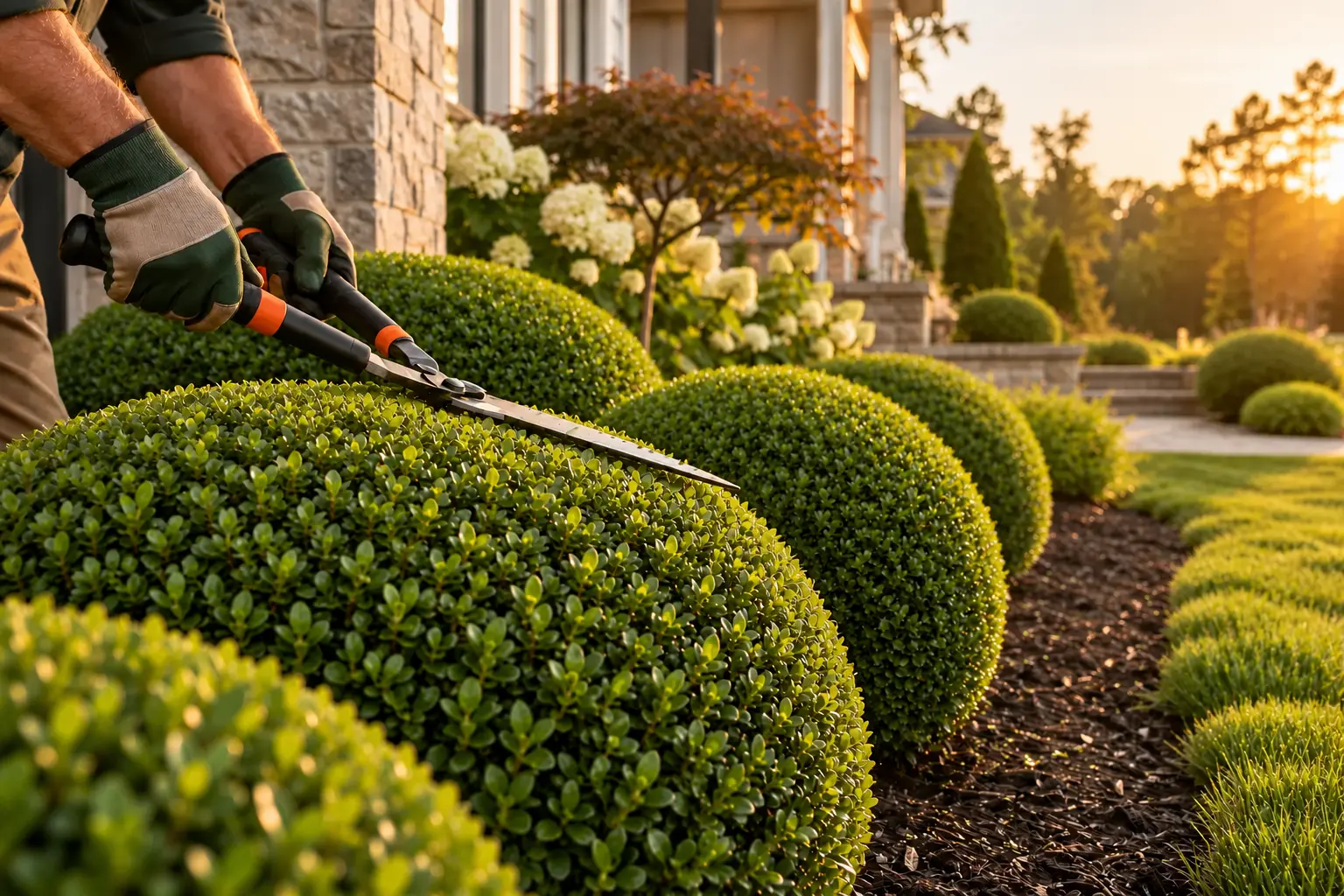 Shrubs being carefully trimmed into shape