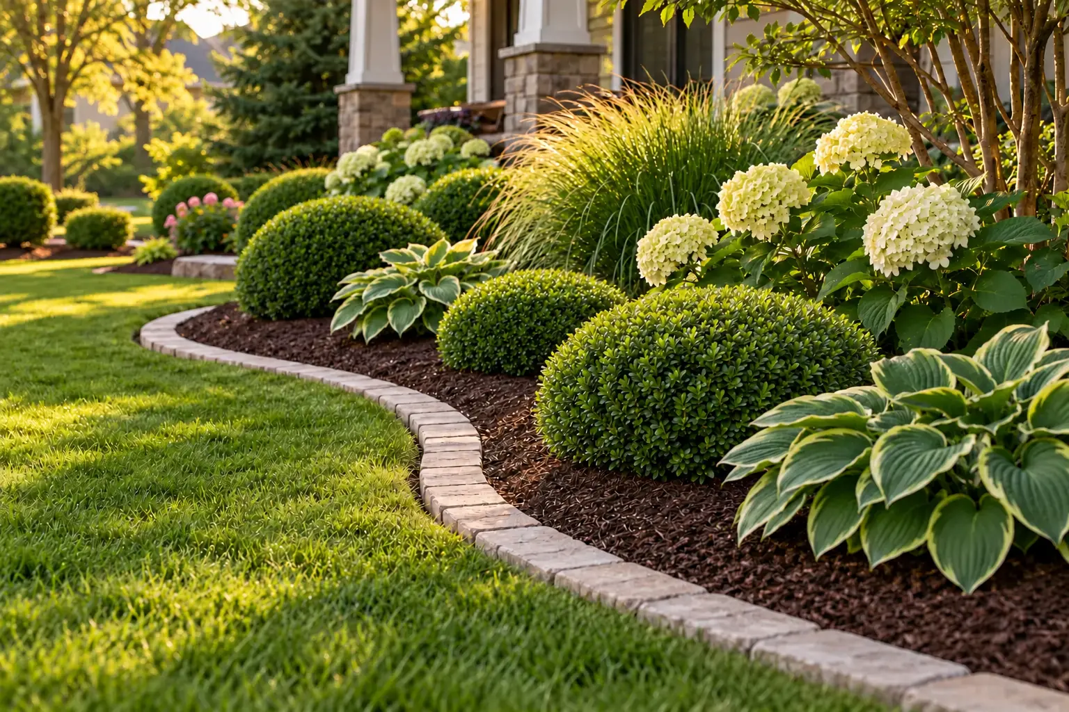 Finished mulch beds with crisp stone edging and smooth, evenly rounded shrubs