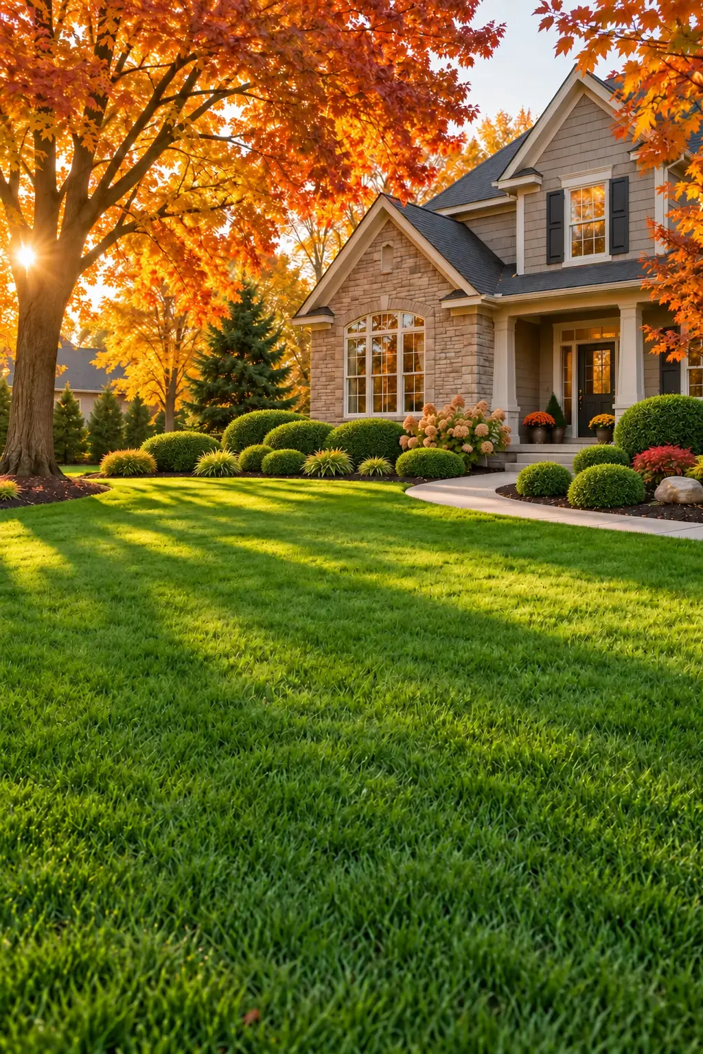 A tidy autumn lawn and seasonal beds with smooth, evenly rounded shrubs