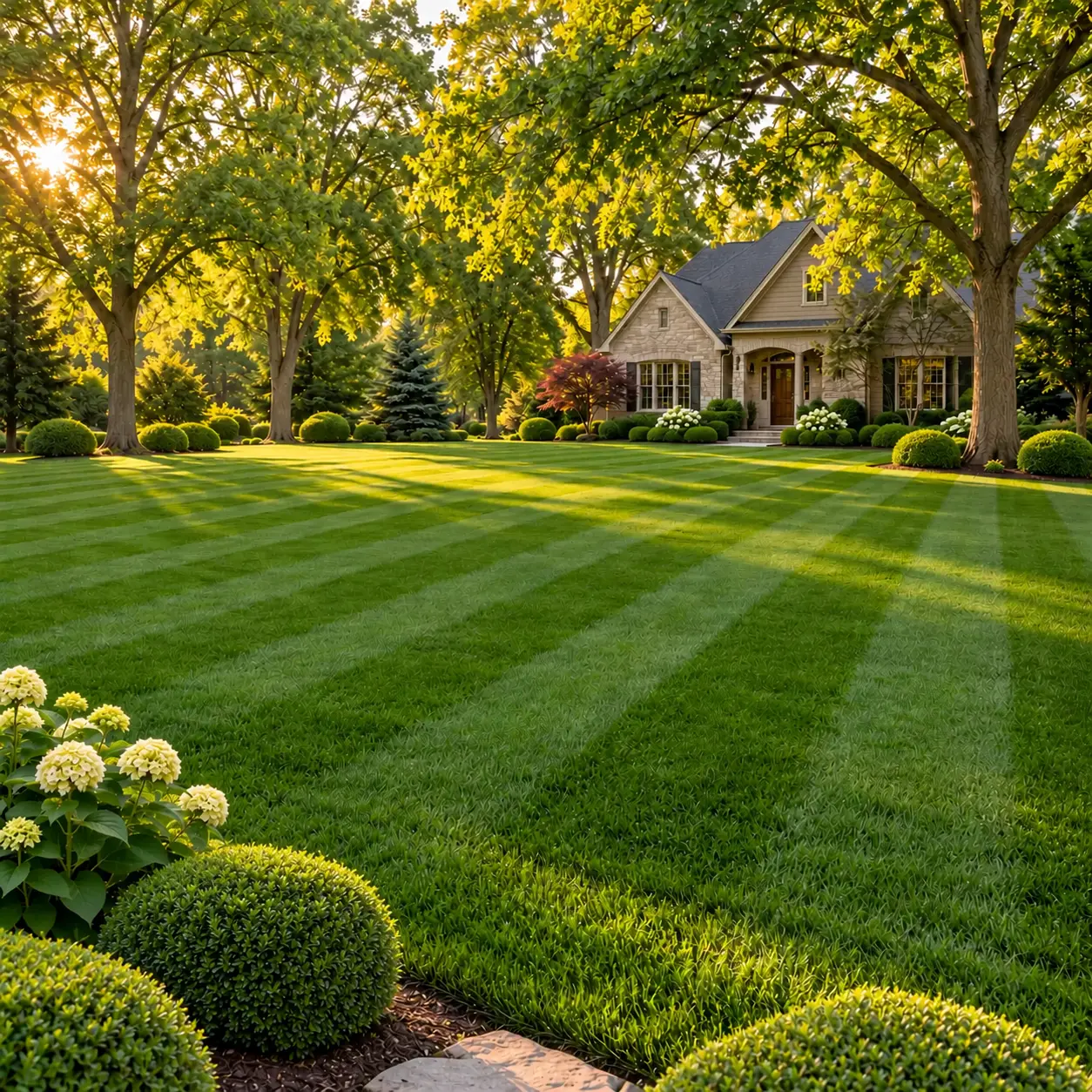 Straight, fresh lawn stripes bordered by neatly rounded, freshly trimmed shrubs