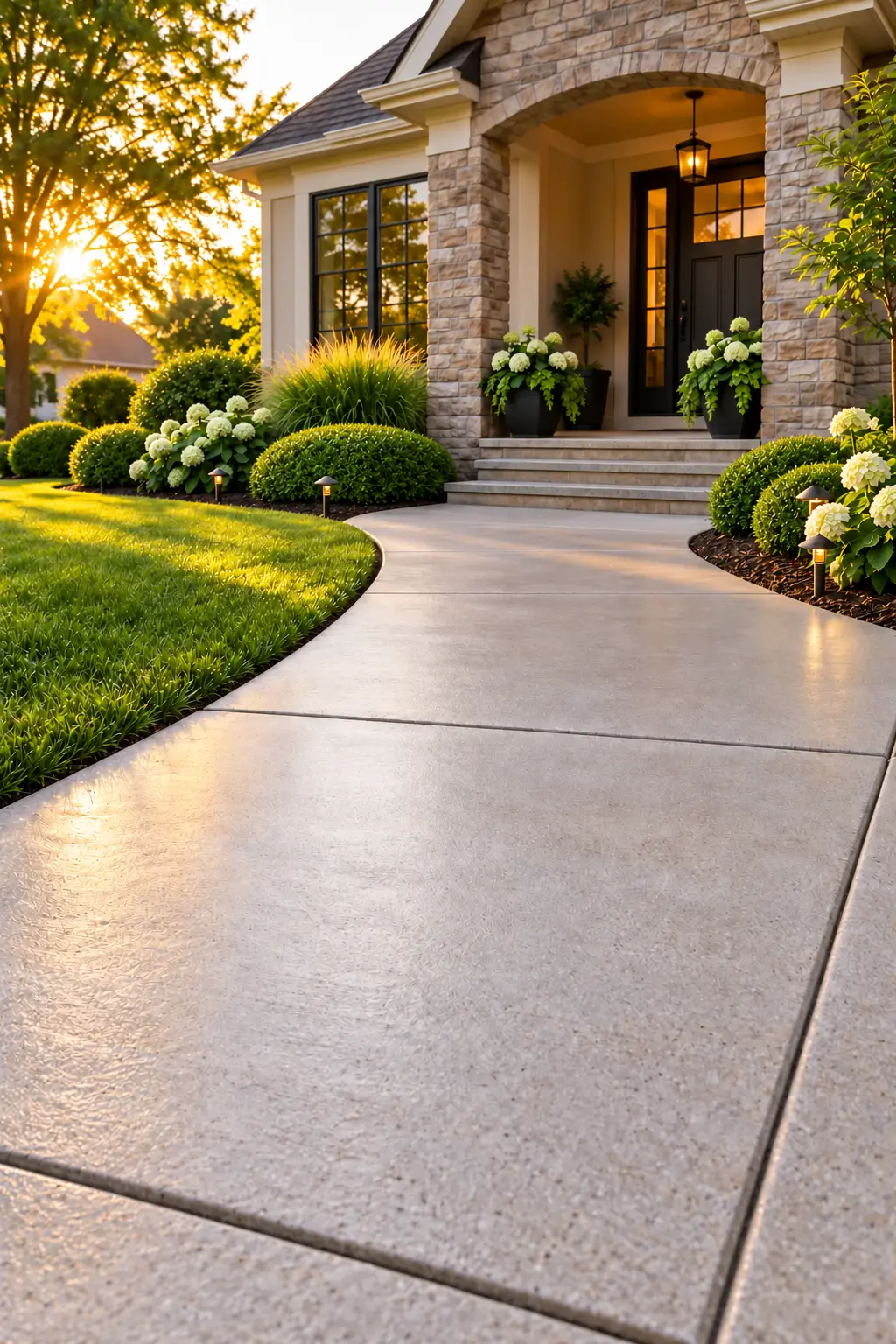 Spotless concrete walkway beside fresh, cleanly rounded shrubs
