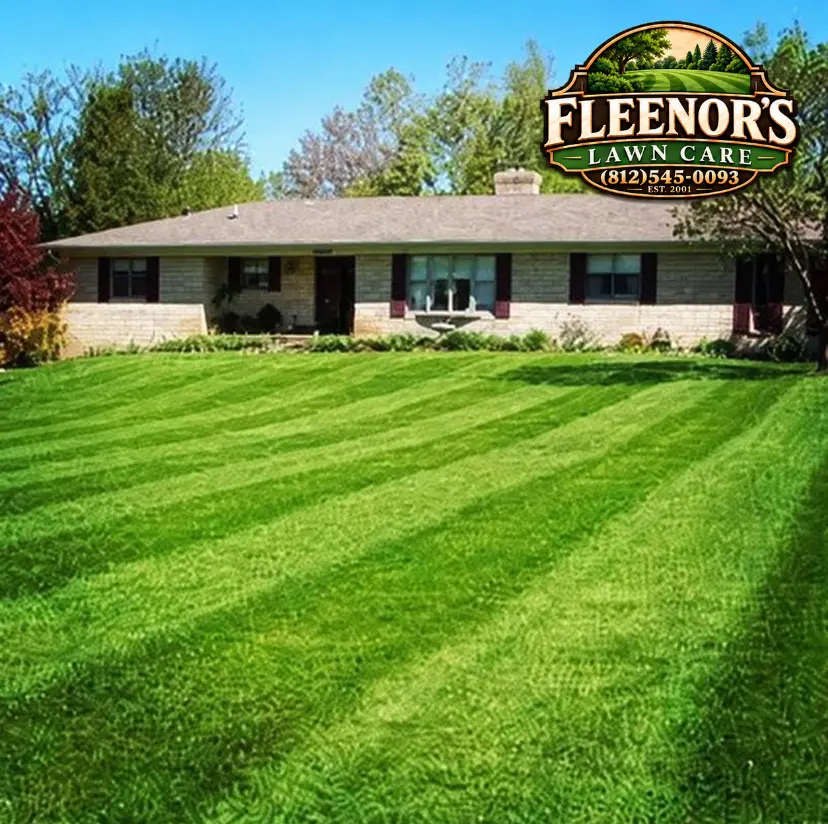 Freshly striped front lawn in front of a brick ranch home