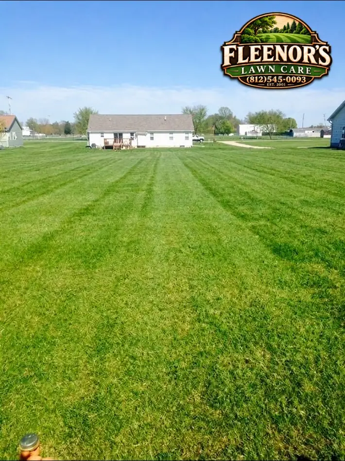 Straight mowing stripes stretching across a large backyard toward a white house