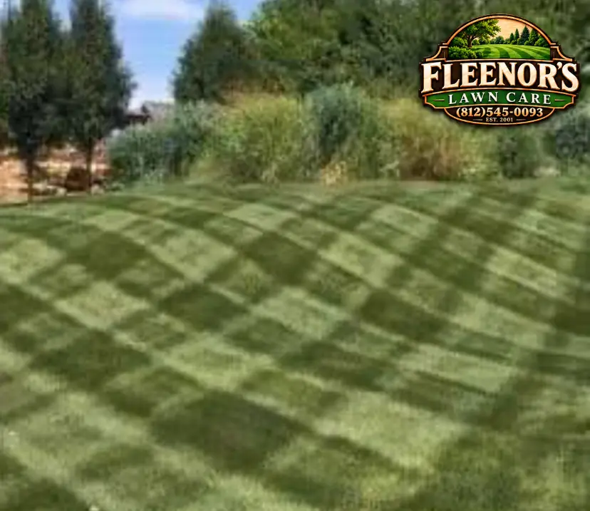 Diagonal crosshatched mowing pattern beside tall garden planting