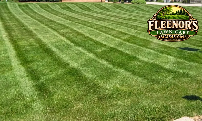 A close view of even mowing stripes across a green residential lawn