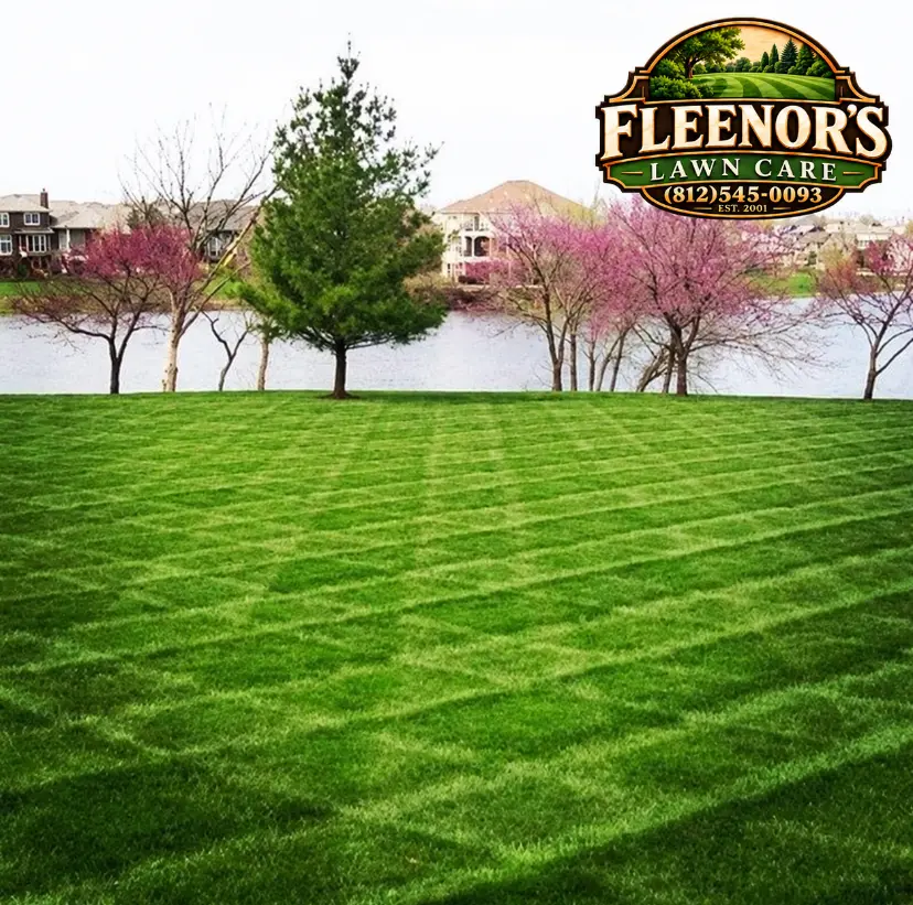 Freshly mown striped lawn beside a lake and flowering trees