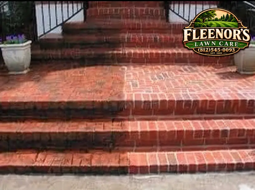 Brick entrance steps showing a contrast between weathered and freshly cleaned surfaces