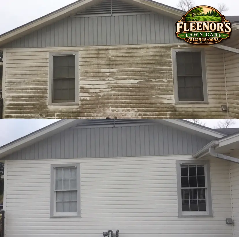 Before-and-after comparison of house siding with grime removed