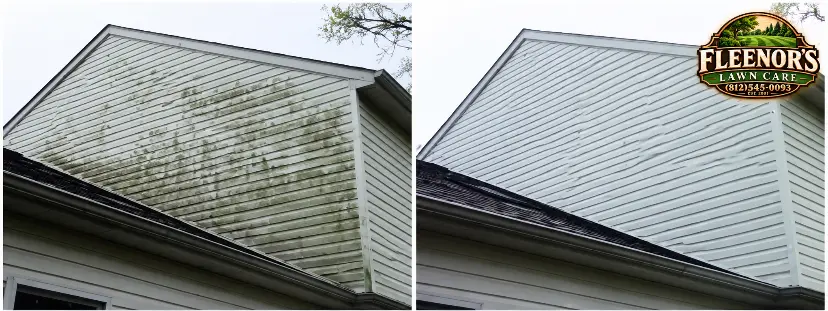 Side-by-side before-and-after photographs of exterior house siding cleaning
